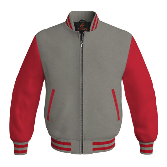 Luxury Gray Body and Red Leather Sleeves Bomber Varsity Jacket