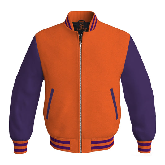 Luxury Orange Body and Purple Leather Sleeves Bomber Varsity Jacket