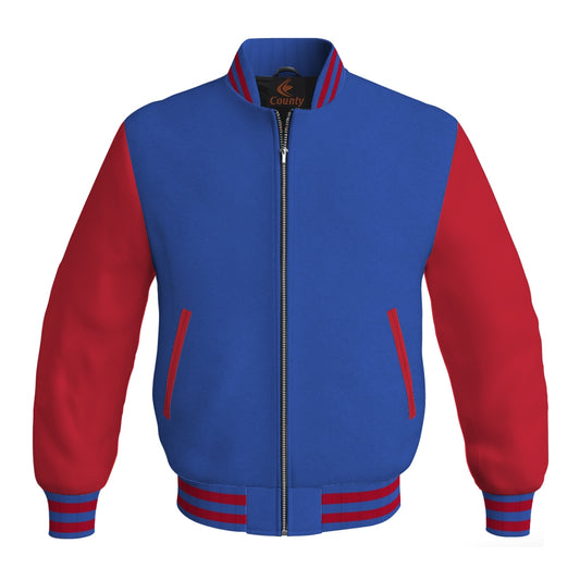 Luxury Blue Body and Red Leather Sleeves Bomber Varsity Jacket