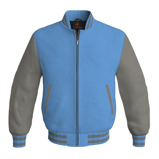 Luxury Sky Blue Body and Gray Leather Sleeves Bomber Varsity Jacket