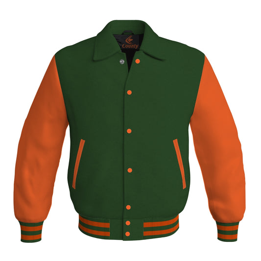 Letterman Varsity Classic Jacket Forest Green Body and Orange Leather Sleeves