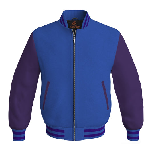 Luxury Blue Body and Purple Leather Sleeves Bomber Varsity Jacket