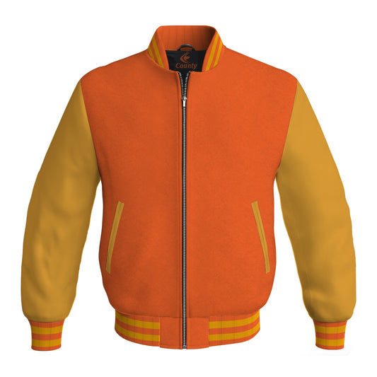 Luxury Orange Body and Gold Leather Sleeves Bomber Varsity Jacket