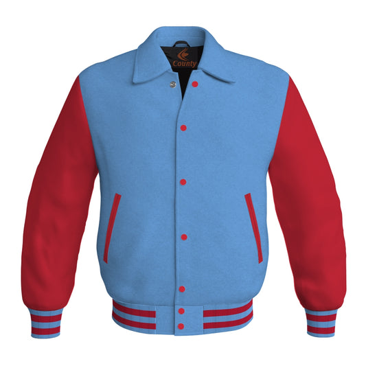 Letterman Varsity Classic Jacket Sky Blue Body and Red Leather Sleeves