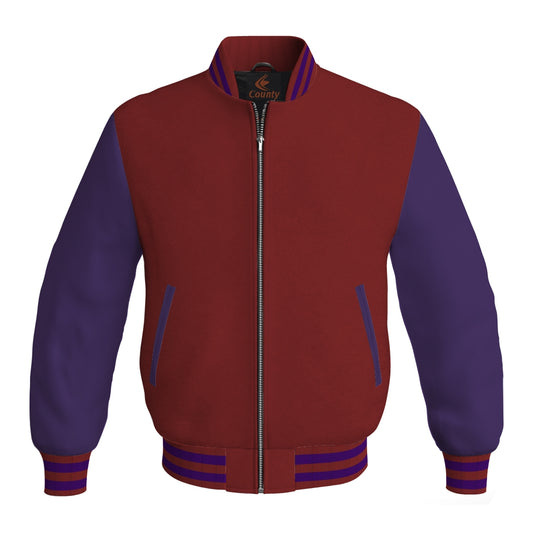Luxury Maroon Body and Purple Leather Sleeves Bomber Varsity Jacket