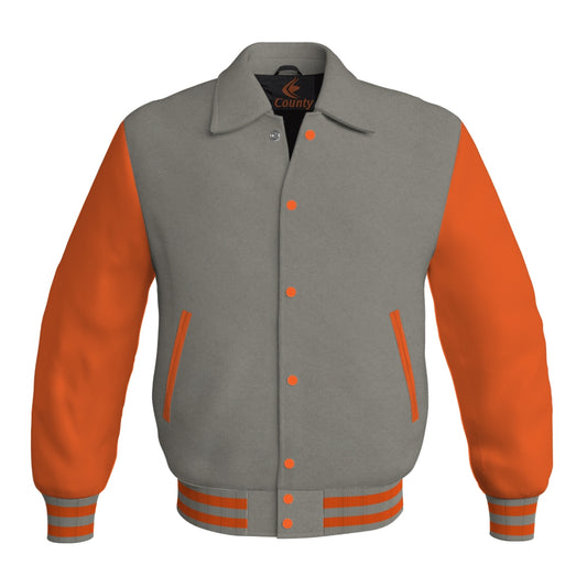 Letterman Varsity Classic Jacket Gray Body and Orange Leather Sleeves