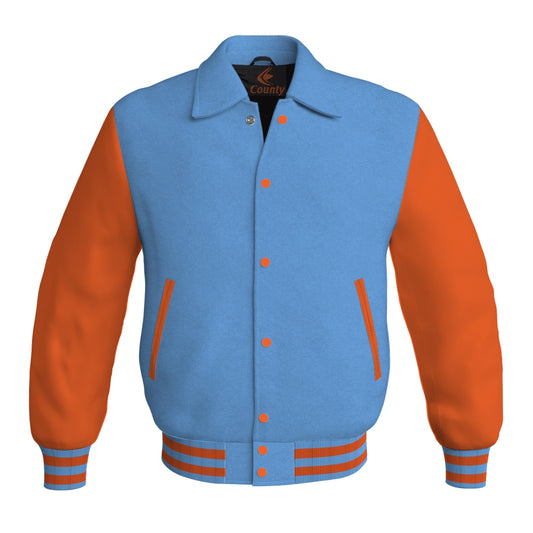 Letterman Varsity Classic Jacket Sky Blue Body and Orange Leather Sleeves