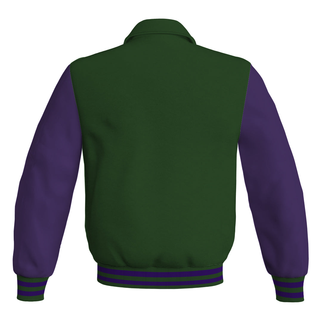 Letterman Varsity Classic Jacket Forest Green Body and Purple Leather