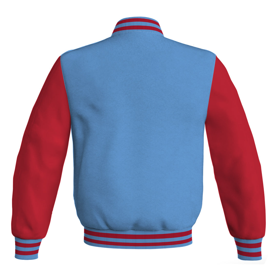 Sky Blue Body and Red Leather Sleeves Bomber Varsity Jacket