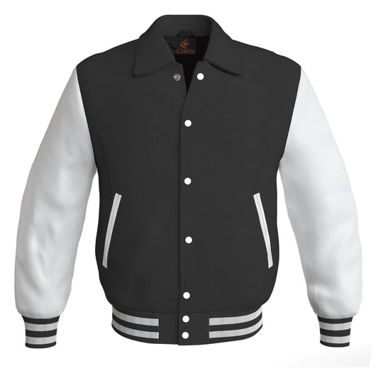Letterman Varsity Classic Jacket Black Body and White Leather Sleeves