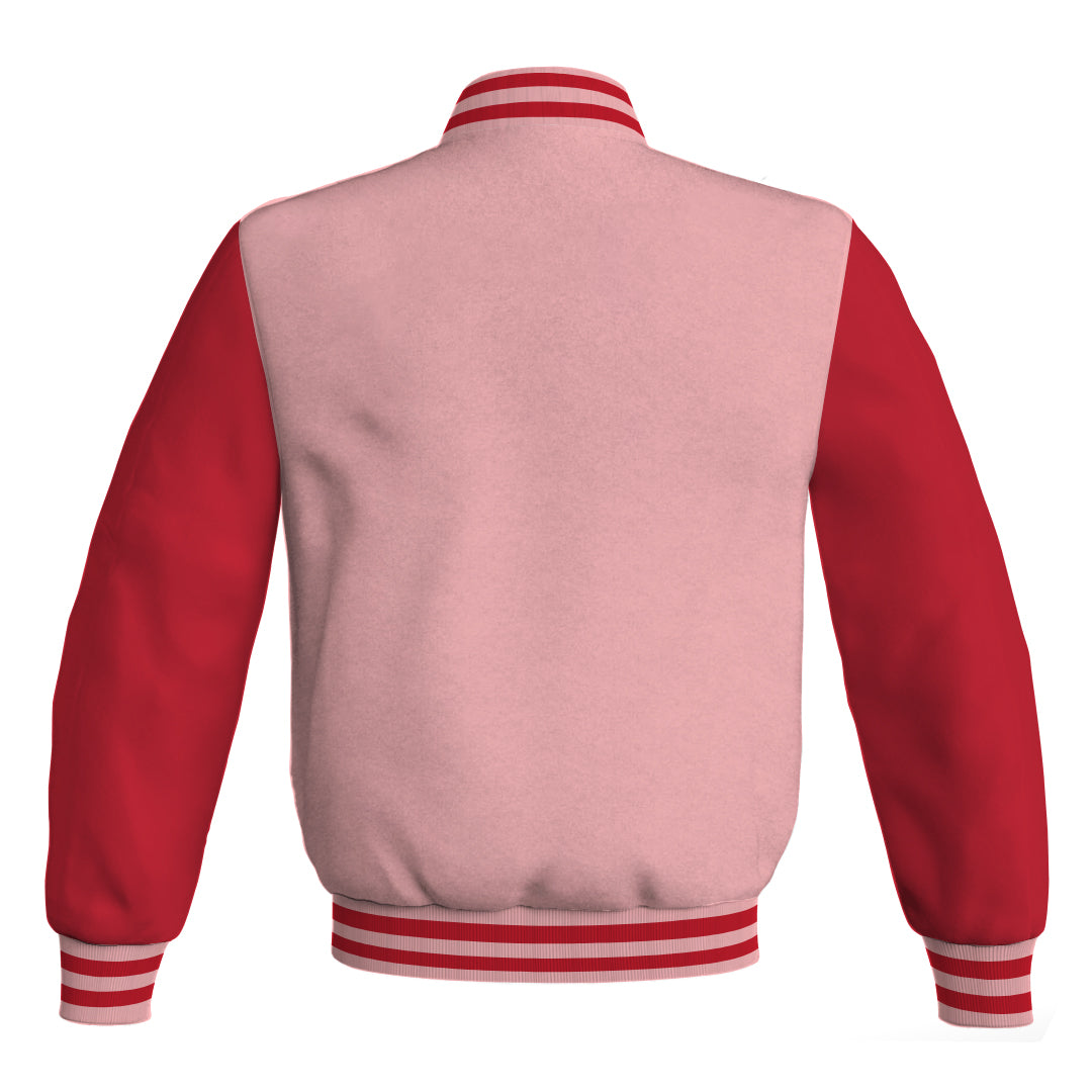Pink Body and Red Leather Sleeves Bomber Varsity Jacket