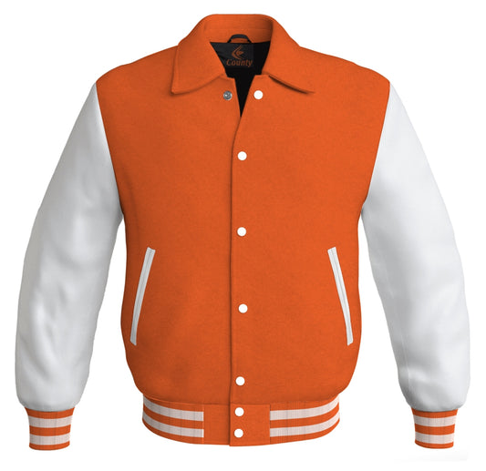 Letterman Varsity Classic Jacket Orange Body and White Leather Sleeves