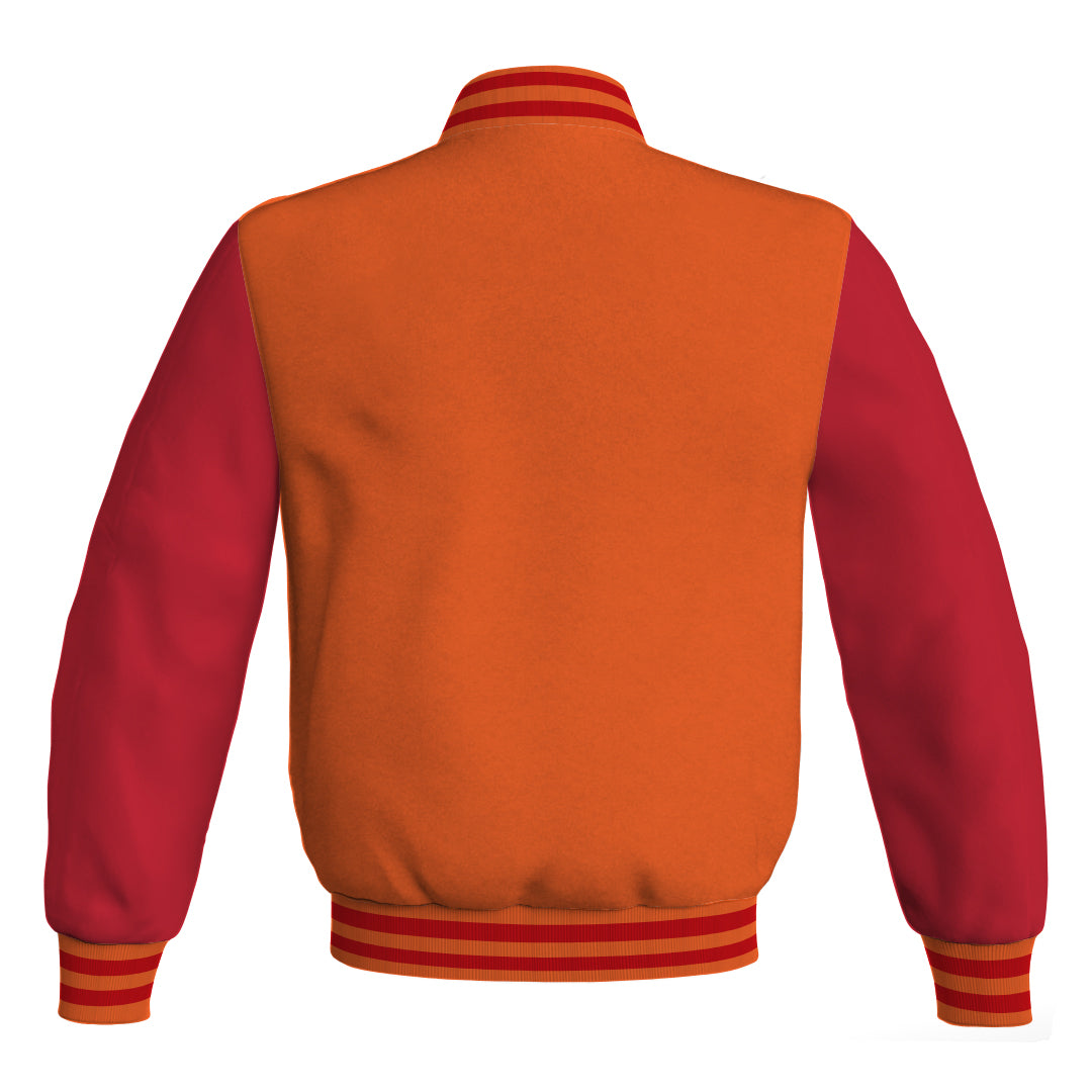 Orange Body and Red Leather Sleeves Bomber Varsity Jacket