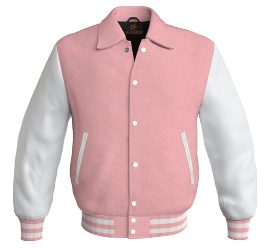 Letterman Varsity Classic Jacket Pink Body and White Leather Sleeves