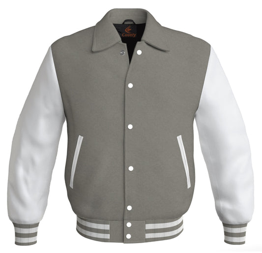 Letterman Varsity Classic Jacket Gray Body and White Leather Sleeves