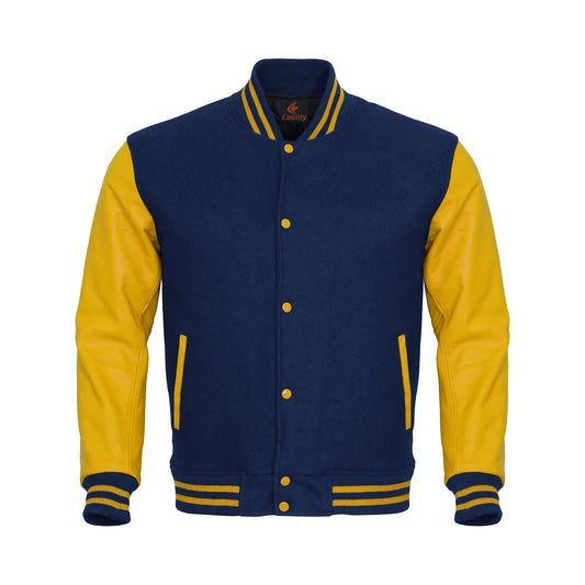 Luxury Navy Blue Body and Yellow Leather Sleeves Varsity College Jacket