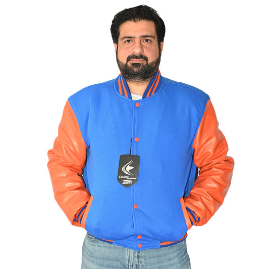 Varsity Jacket Mens Blue Body and Orange Leather Sleeves Varsity Jacket