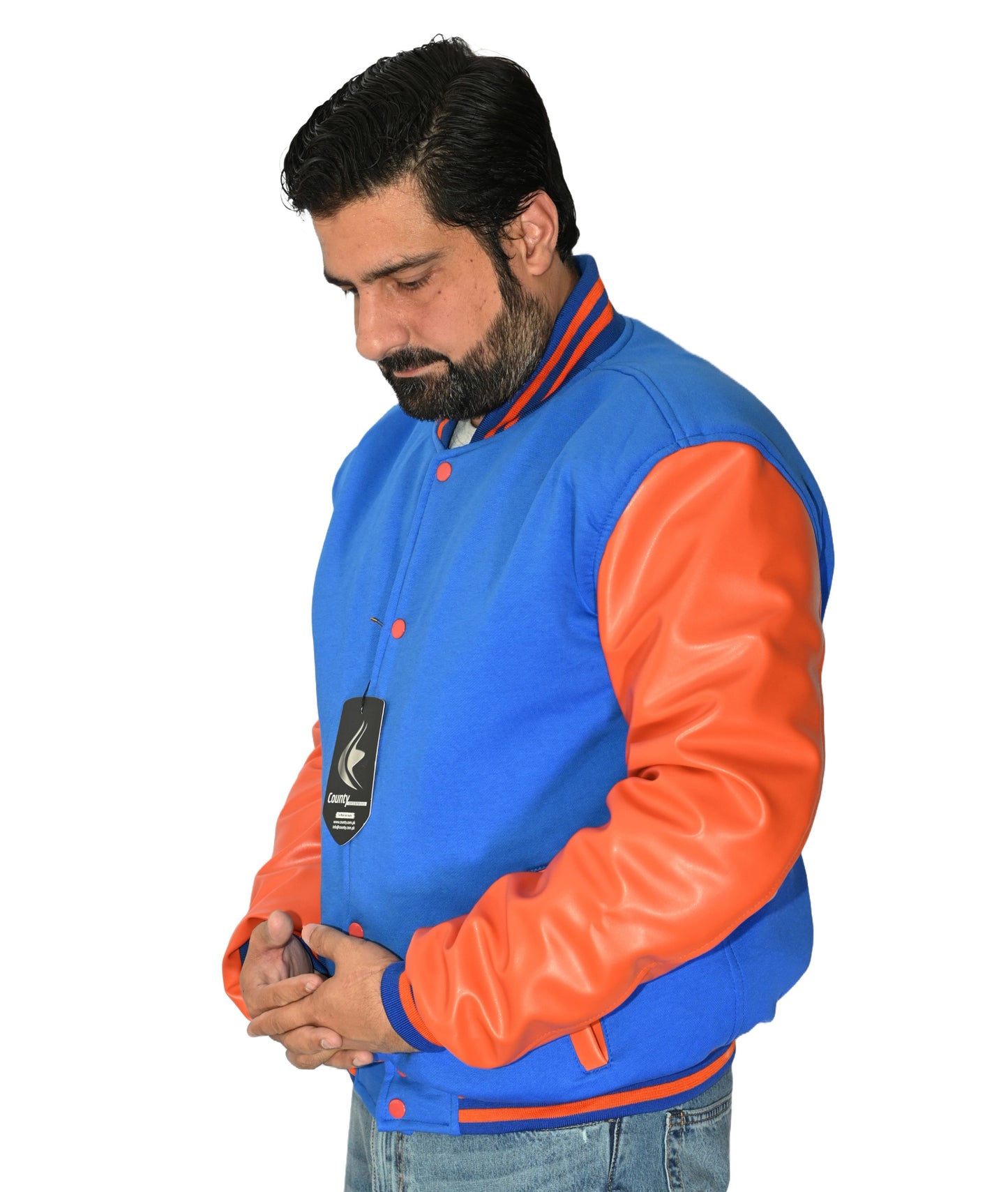 Luxury Blue Body and Orange Leather Sleeves Varsity College Jacket