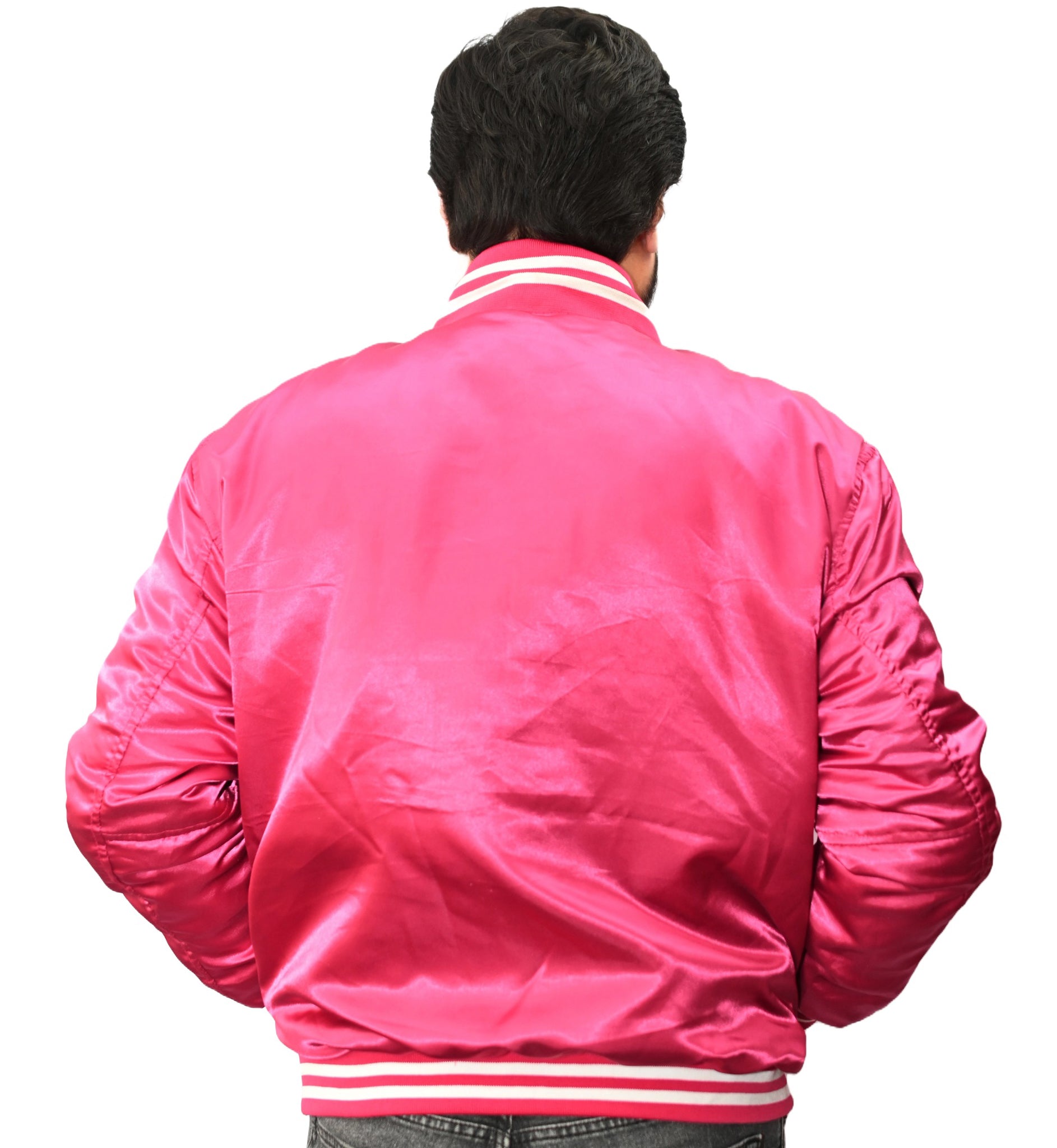 Varsity Jacket Mens Hot Pink Satin Jacket Custom Made Letterman Jackets