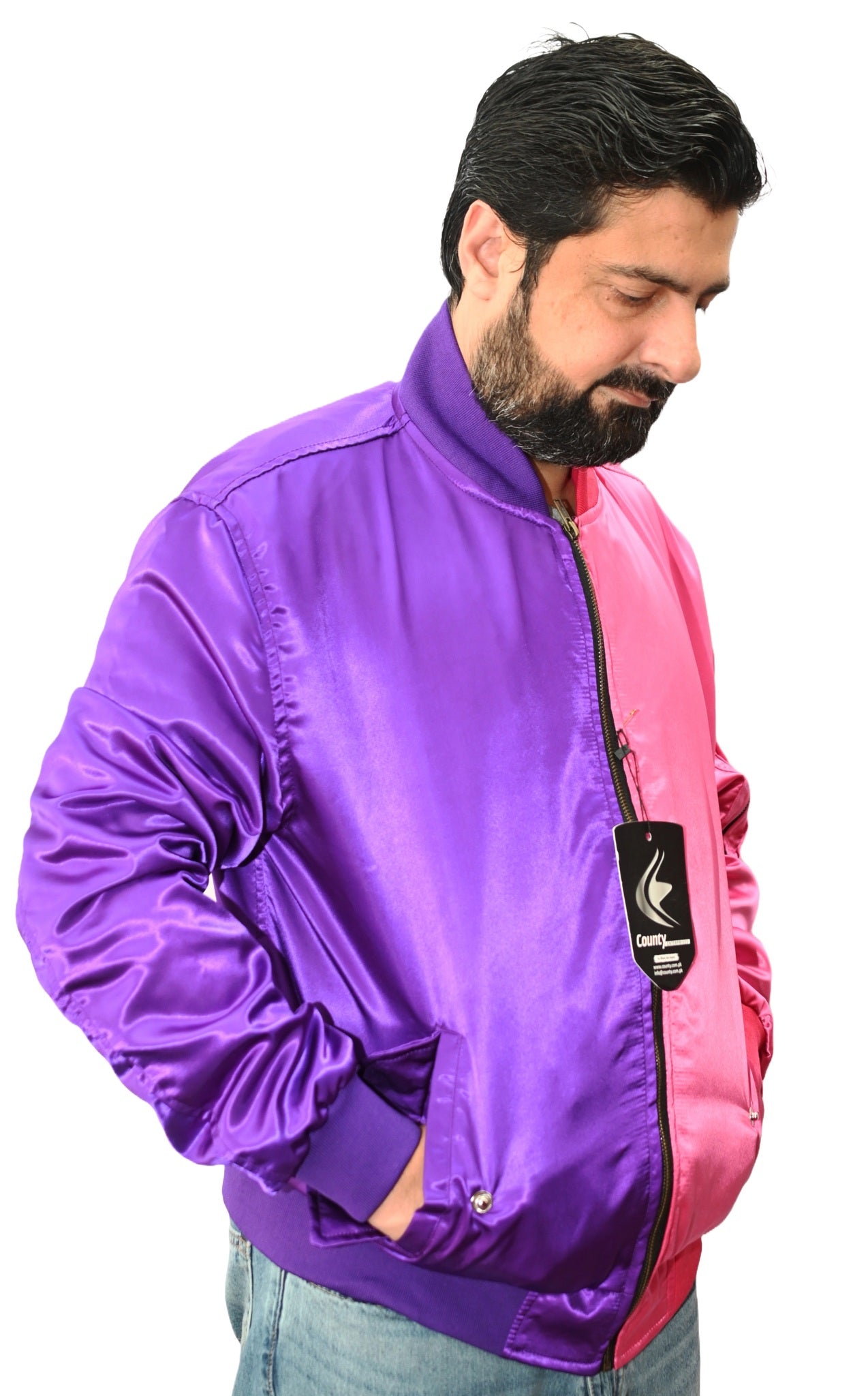 Letterman Varsity Bomber Jacket Sports Wear Hot Pink and Purple Satin