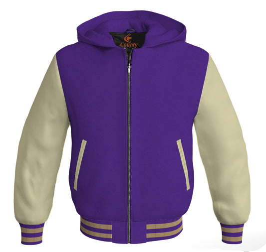 Letterman Bomber Hoodie Jacket Purple Body Cream Leather Sleeves