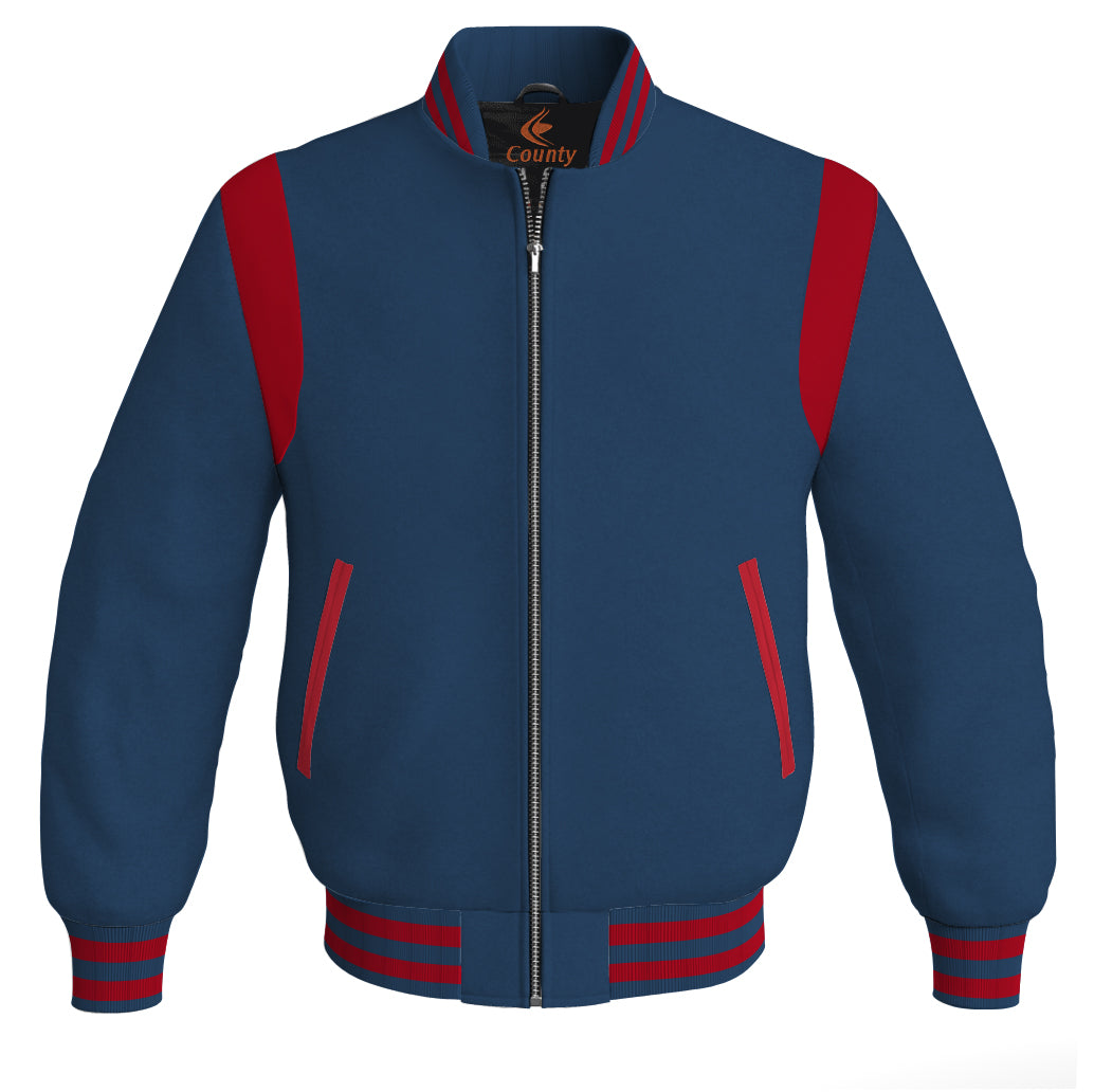 Letterman Baseball Bomber Retro Jacket Navy Blue Body Red Leather Inserts