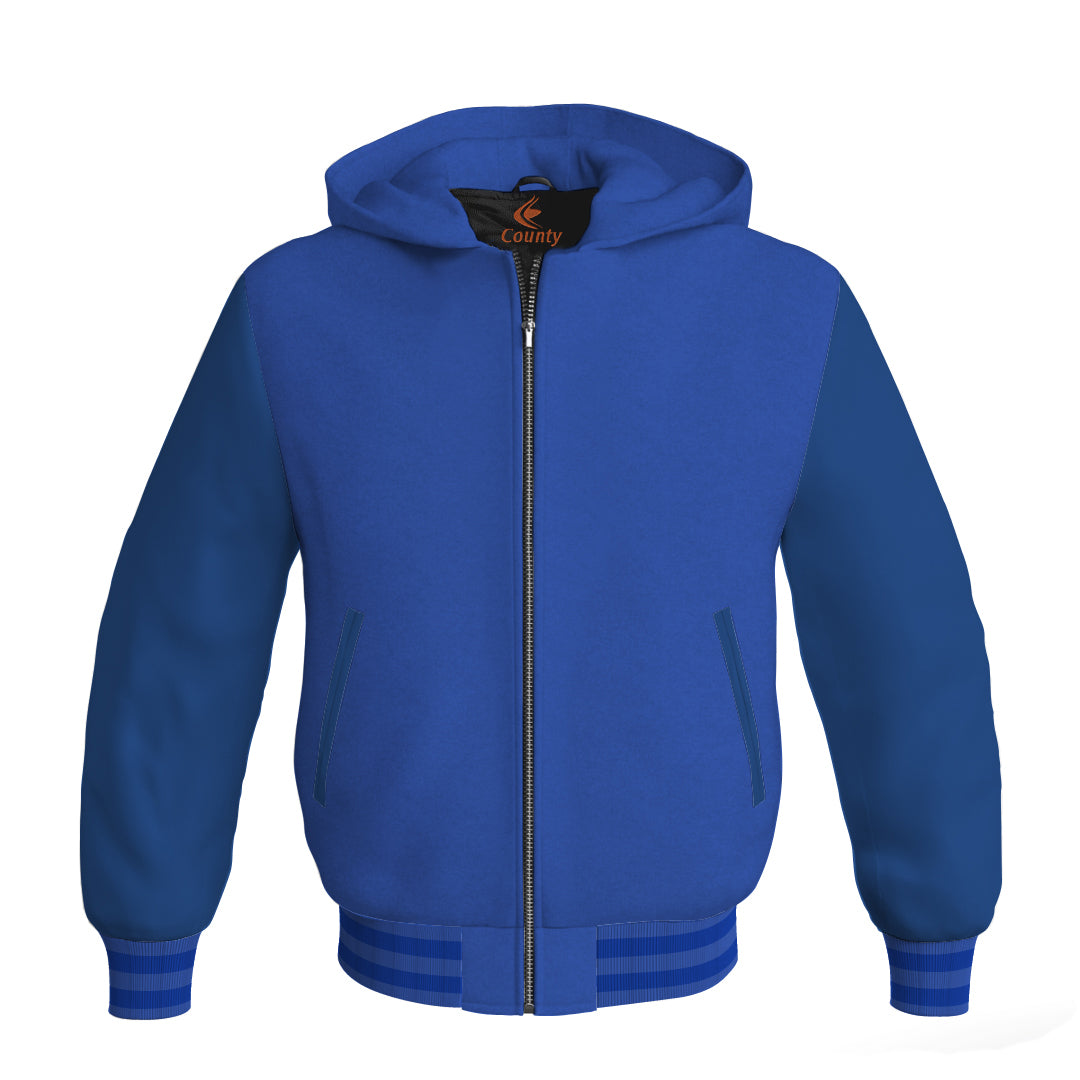 Letterman Bomber Hoodie Jacket Royal Blue Body Blue Leather Sleeves