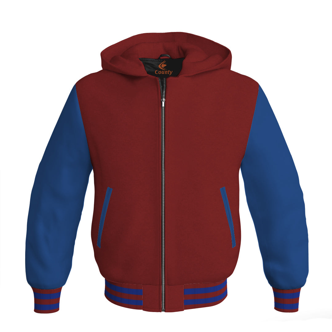 Letterman Bomber Hoodie Jacket Maroon Body Blue Leather Sleeves