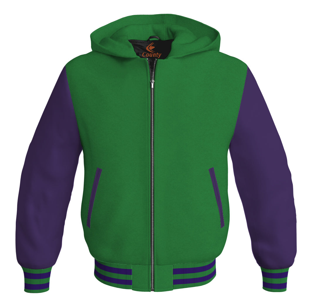 Letterman Bomber Hoodie Jacket Green Body Purple Leather Sleeves