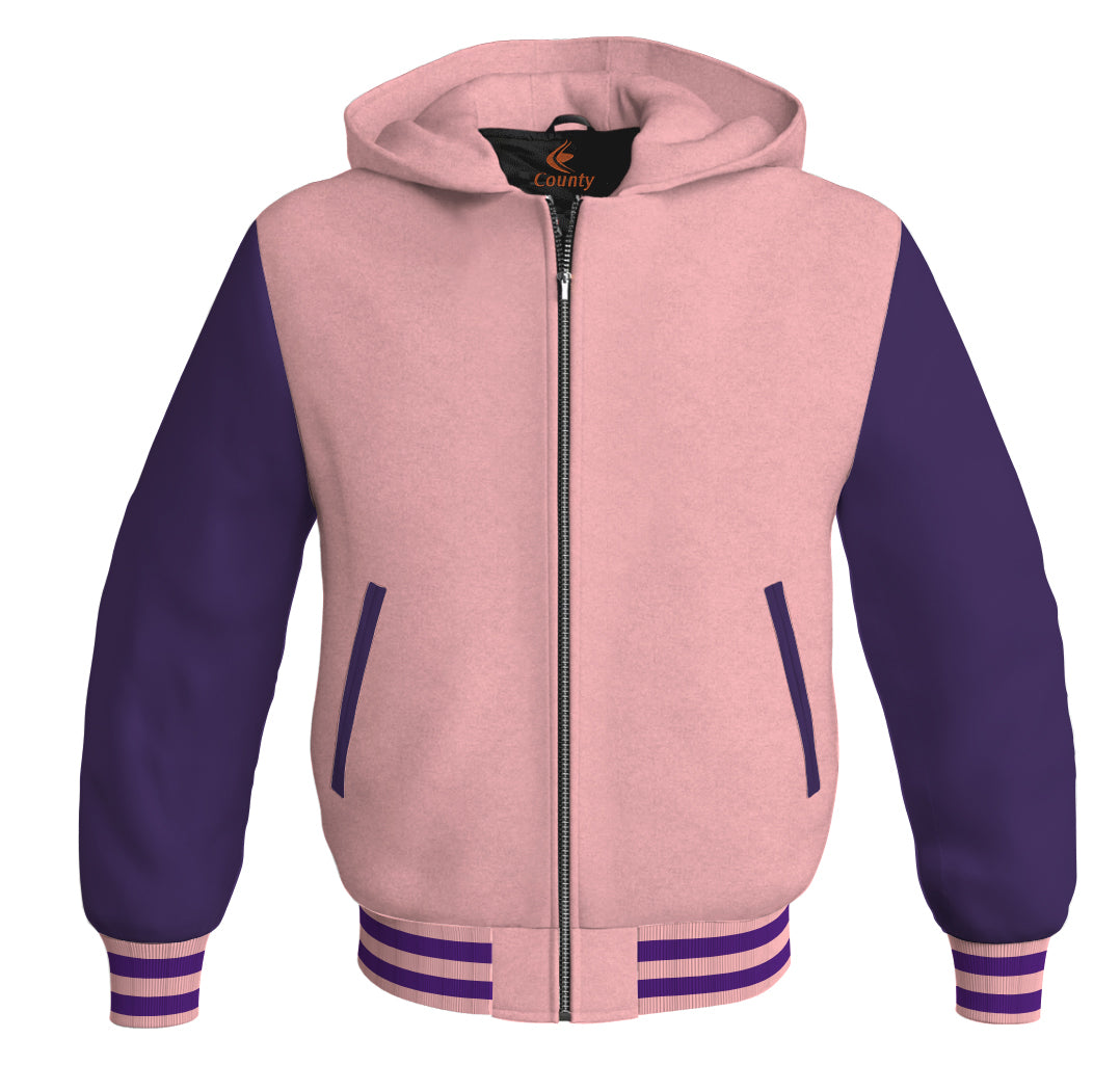 Letterman Bomber Hoodie Jacket Pink Body Purple Leather Sleeves