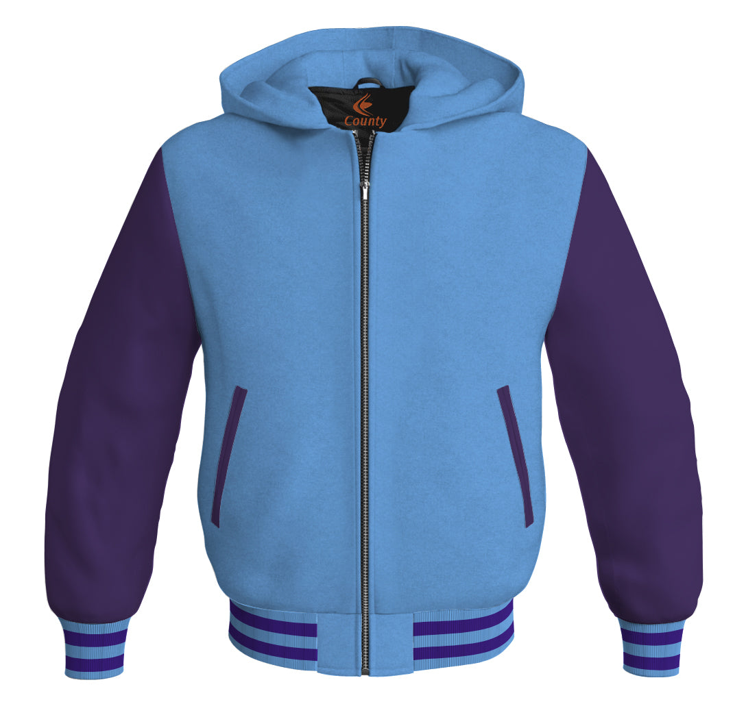 Letterman Bomber Hoodie Jacket Sky Blue Body Purple Leather Sleeves