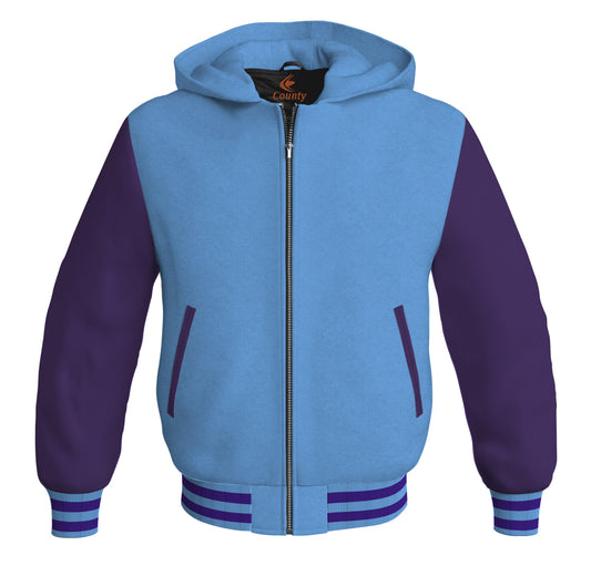 Letterman Bomber Hoodie Jacket Sky Blue Body Purple Leather Sleeves