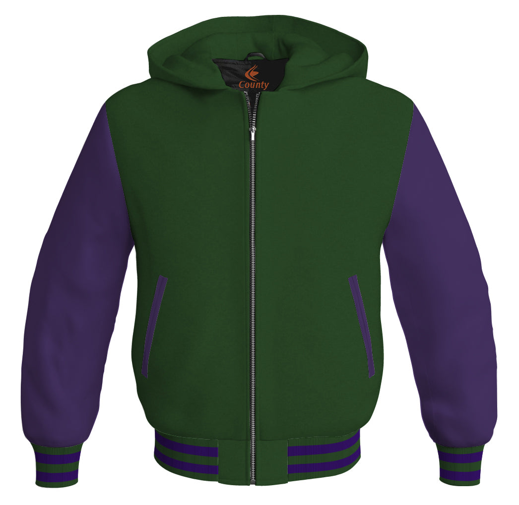 Hoodie Jackets Forest Green Body and Purple Leather Sleeves Bomber Jacket