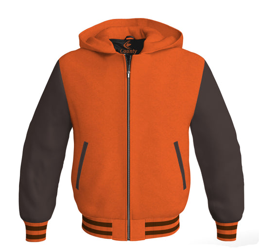 Letterman Bomber Hoodie Jacket Orange Body Brown Leather Sleeves