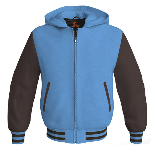 Letterman Bomber Hoodie Jacket Sky Blue Body Brown Leathek Sleeves