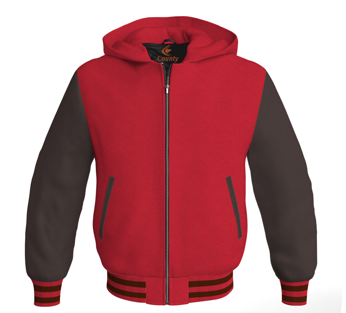 Letterman Bomber Hoodie Jacket Red Body Brown Leather Sleeves