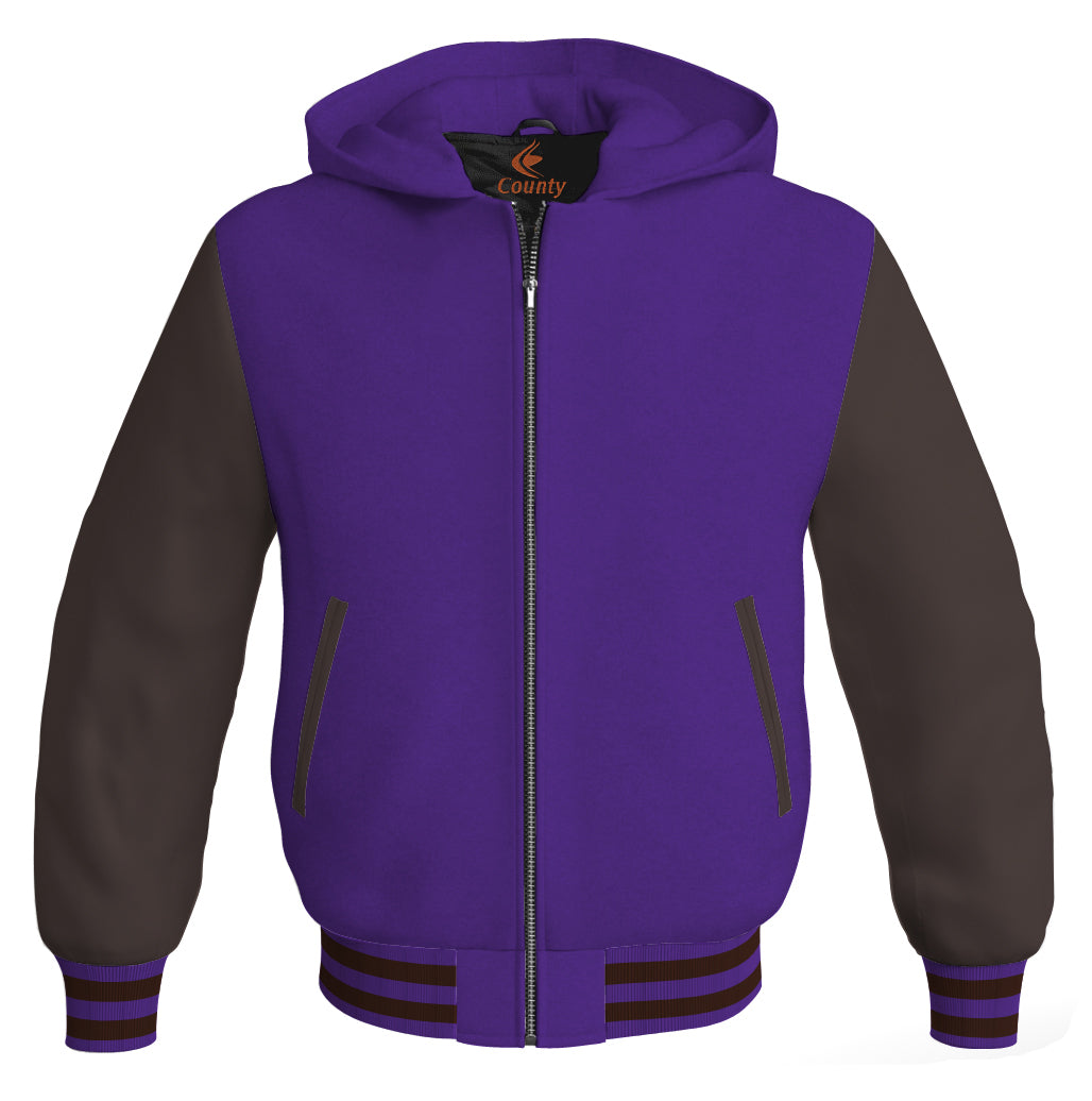 Letterman Bomber Hoodie Jacket Purple Body Brown Leather Sleeves