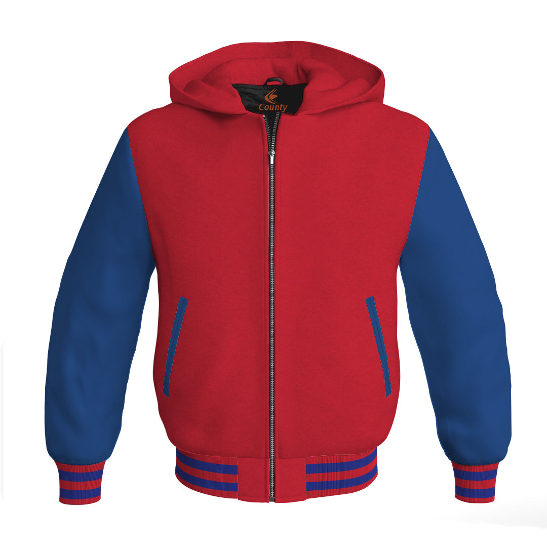 Letterman Bomber Hoodie Jacket Red Body Blue Leather Sleeves