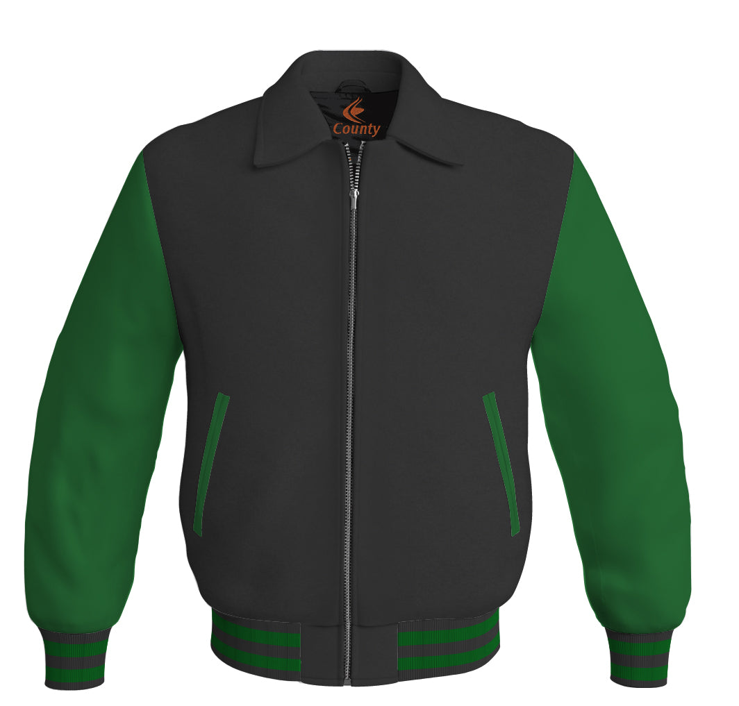 Luxury Bomber Classic Jacket Black Body and Green Leather Sleeves