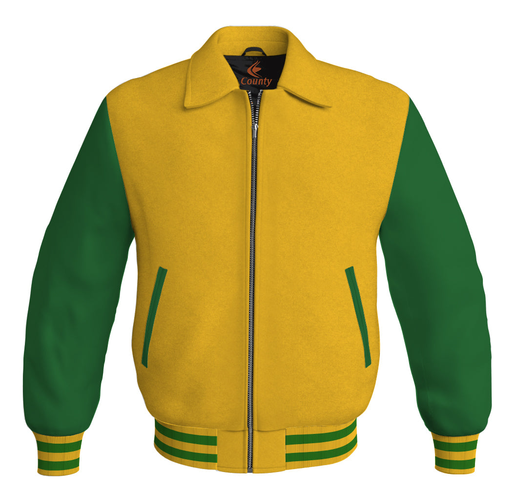 Luxury Bomber Classic Jacket Yellow/Gold Body and Green Leather Sleeves