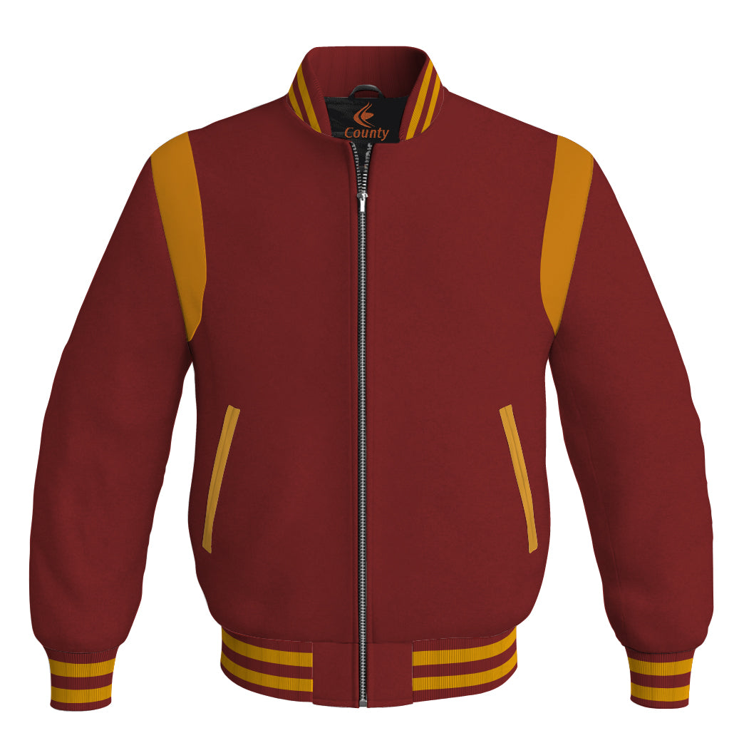 Letterman Baseball Bomber Retro Jacket Maroon Body Golden Leather Inserts