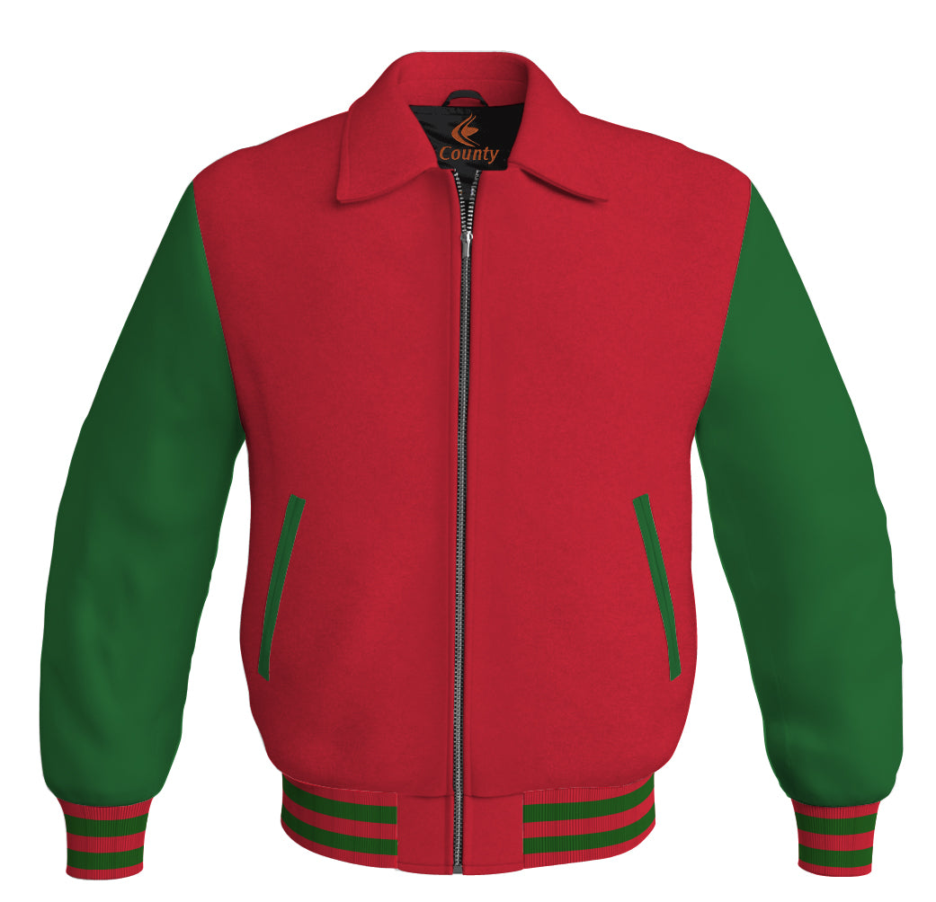 Luxury Bomber Classic Jacket Red Body and Green Leather Sleeves