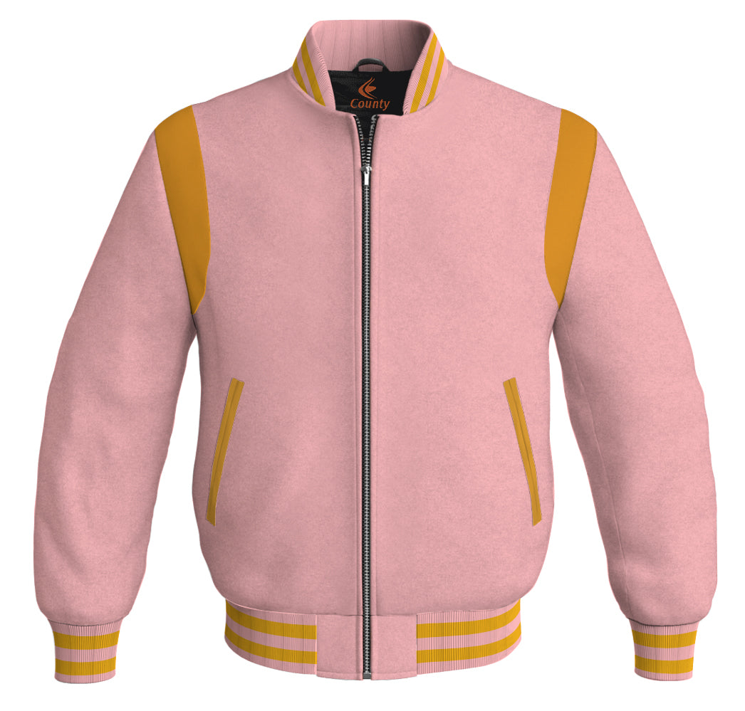 Letterman Baseball Bomber Retro Jacket PInk Body Golden Leather Inserts