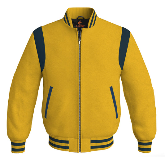 Letterman Baseball Bomber Retro Jacket Yellow/Gold Body Navy Blue Leather Inserts