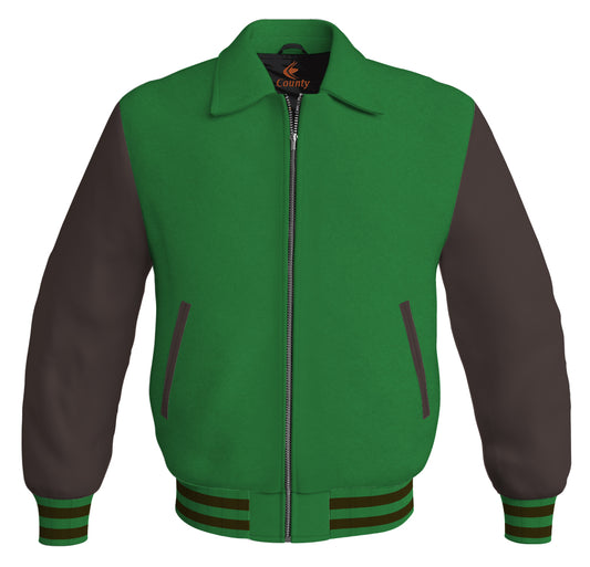 Luxury Bomber Classic Jacket Green Body and Brown Leather Sleeves