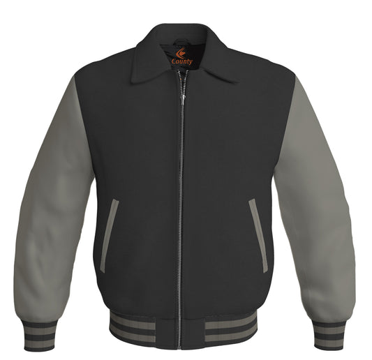 Luxury Bomber Classic Jacket Black Body and Gray Leather Sleeves