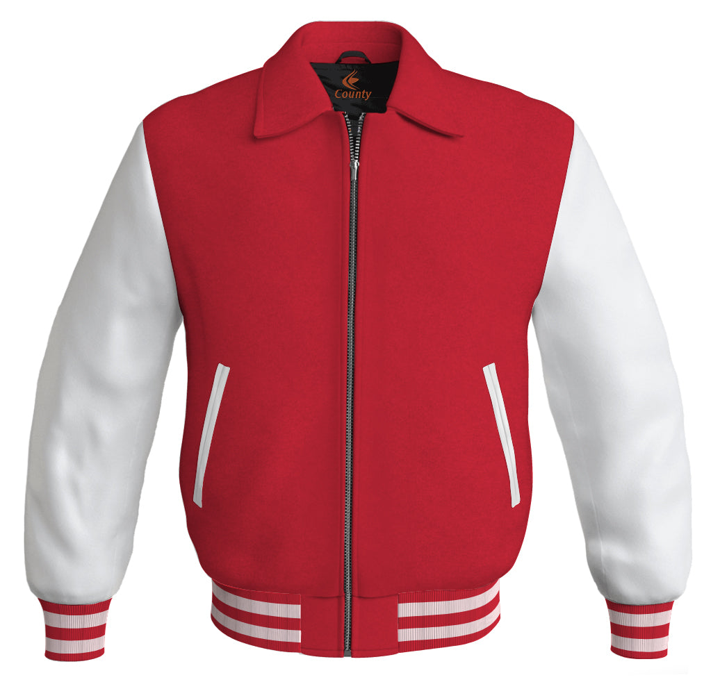 Luxury Bomber Classic Jacket Red Body and White Leather Sleeves