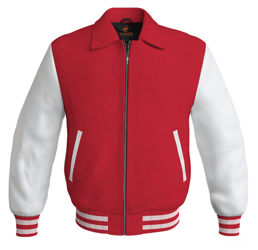 Luxury Bomber Classic Jacket Red Body and White Leather Sleeves