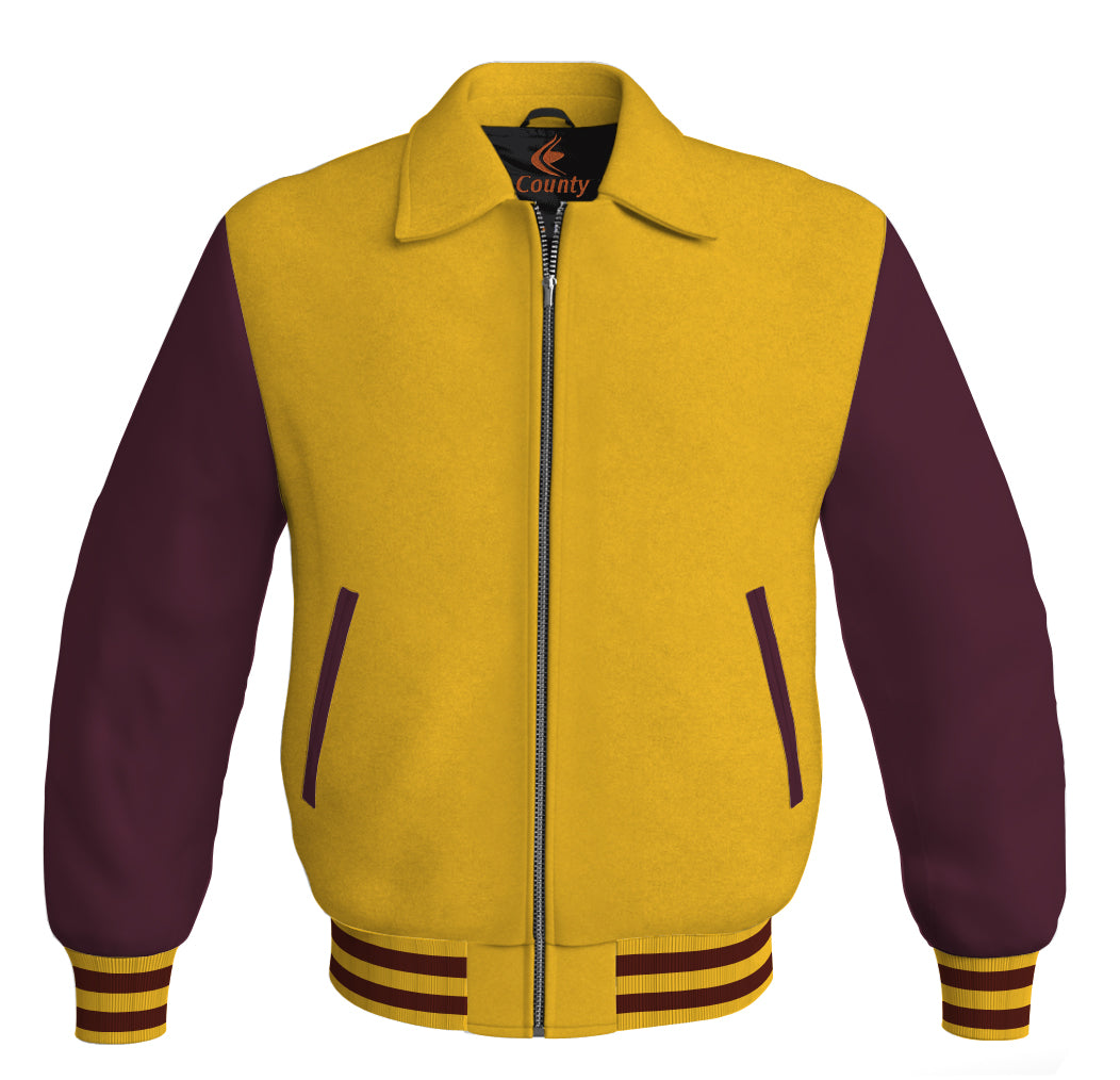 Luxury Bomber Classic Jacket Yellow/Gold Body and Maroon Leather Sleeves