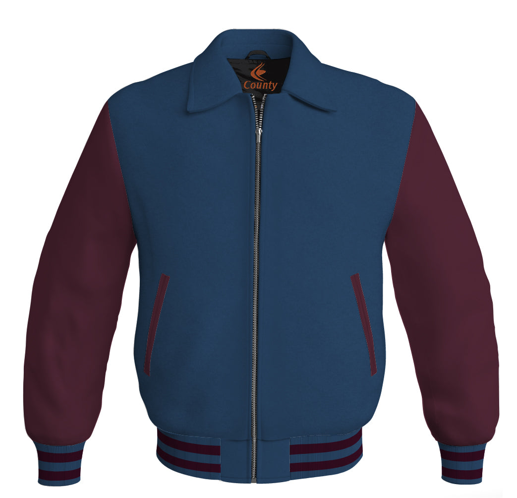 Luxury Bomber Classic Jacket Navy Blue Body and Maroon Leather Sleeves